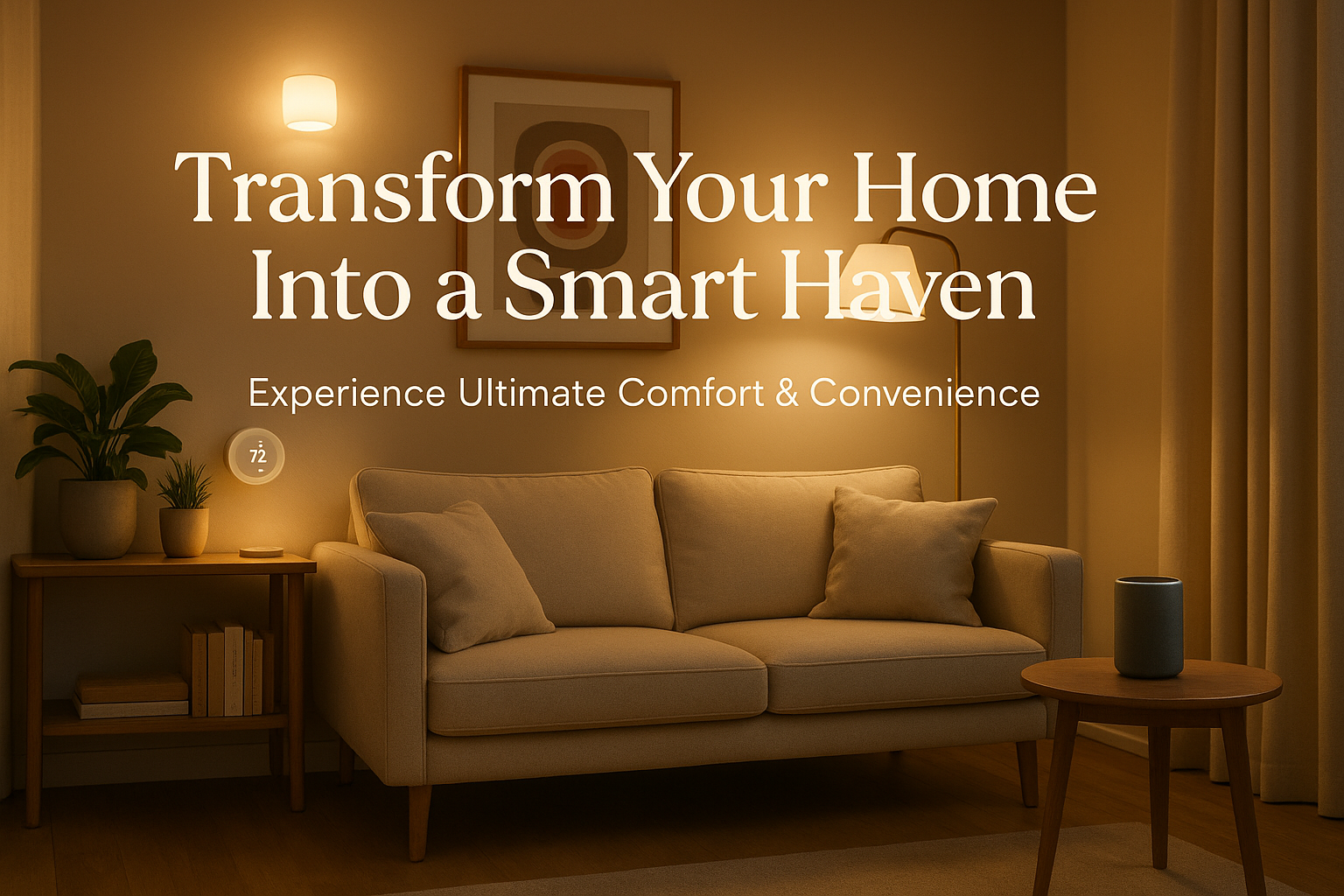 Ein Smart Home Bild mit einem einladenden Text für die landing Page Text auf Englisch bitte